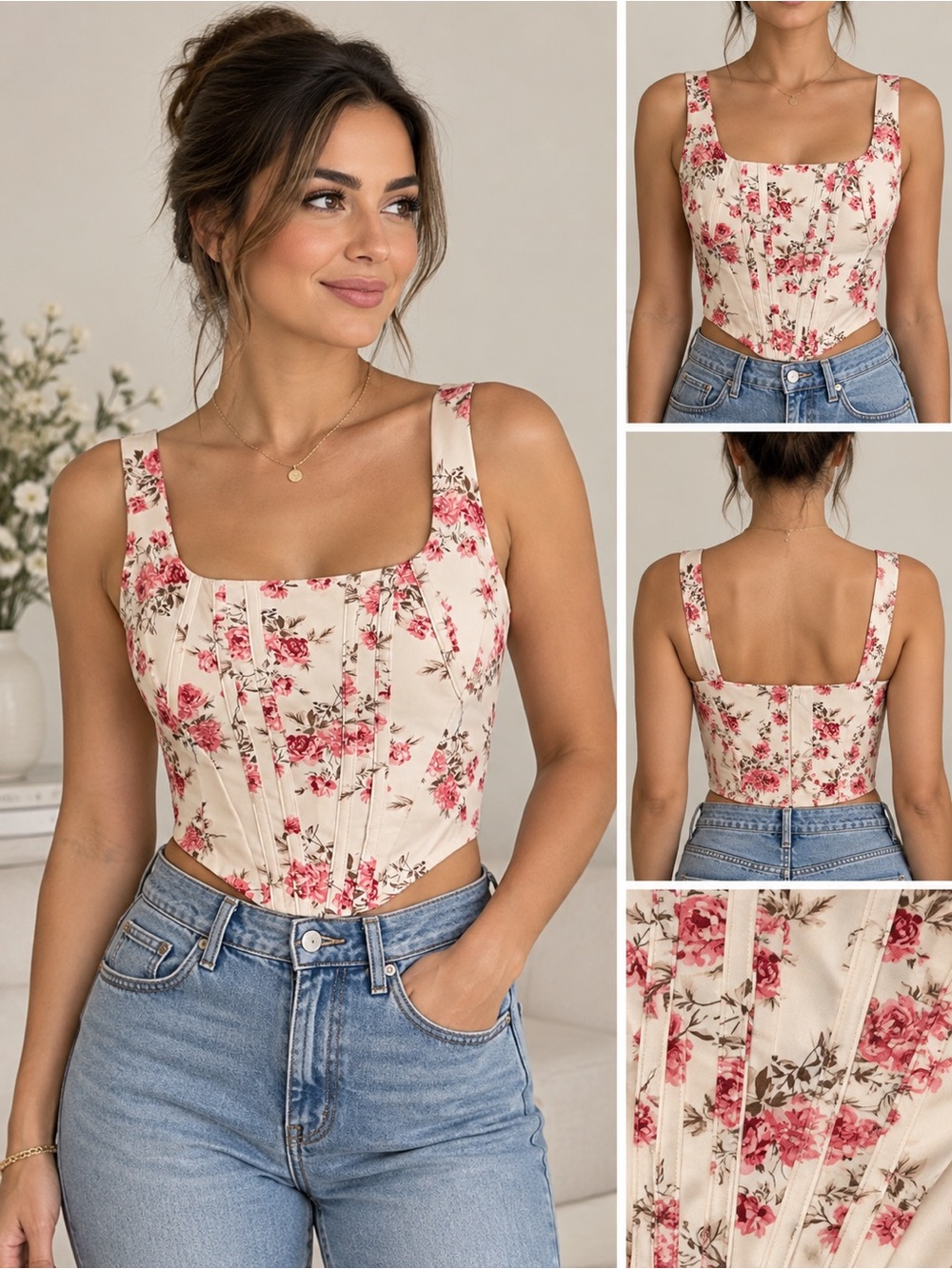 Floral Corset Crop Top - Cream with Pink Roses